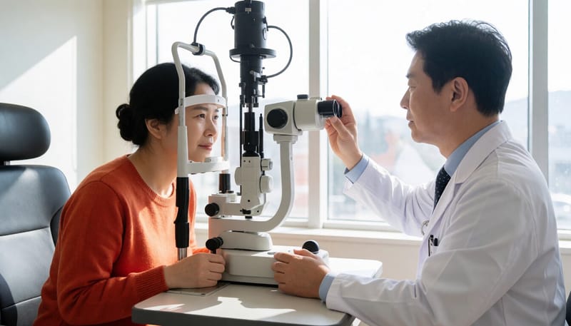 안과에서 안압검사를 받는 환자의 모습
