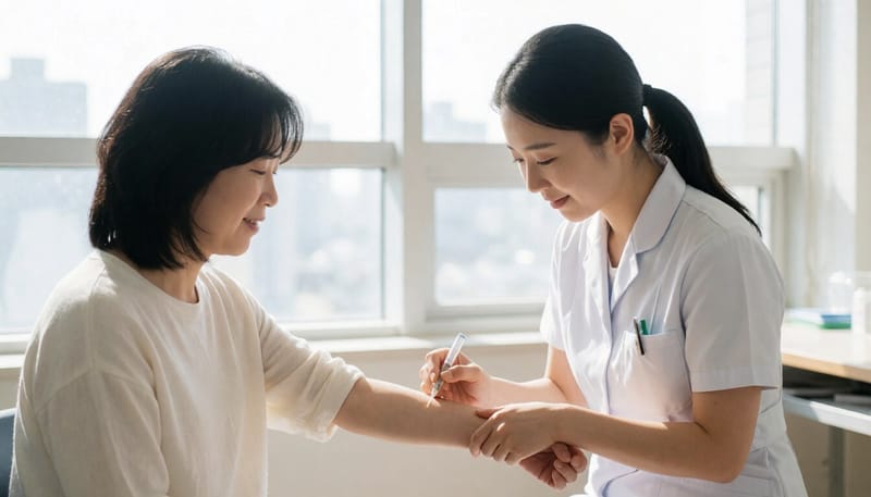 간호사가 환자 팔뚝에 피부반응검사를 하는 모습