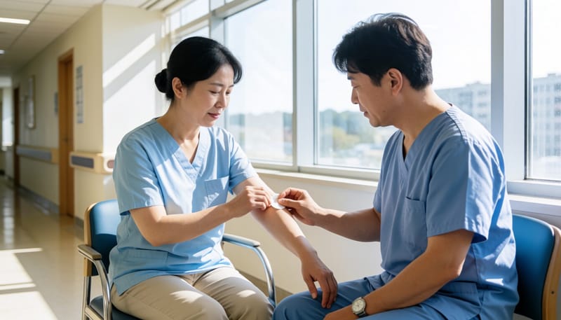 주사를 맞은 후 팔에 솜을 누르고 있는 환자