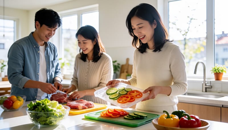 주방에서 채소용과 고기용 도마를 나눠 사용하는 모습