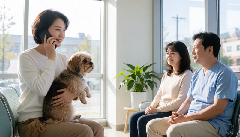반려견을 안고 동물병원에 전화하는 보호자