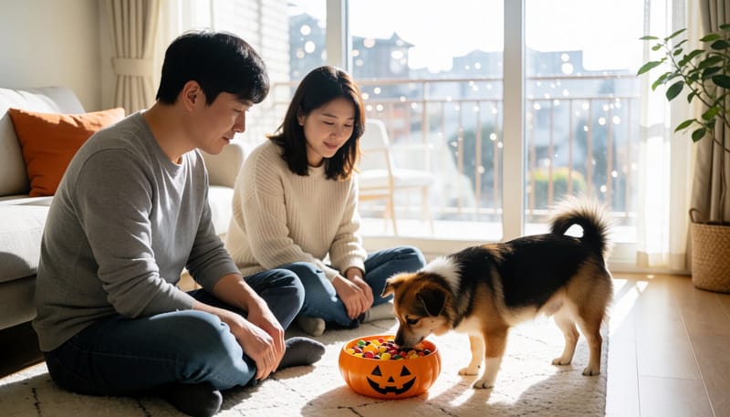 할로윈 사탕바구니 옆에서 호기심을 보이는 반려견
