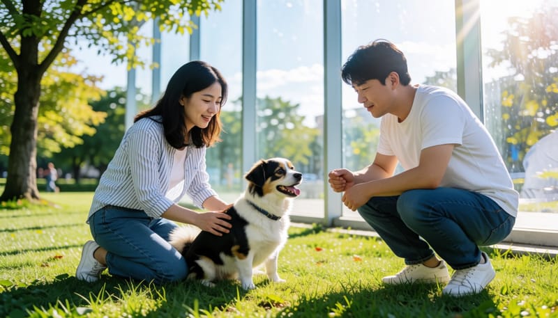 공원에서 배뇨에 힘들어하는 강아지를 살피는 보호자