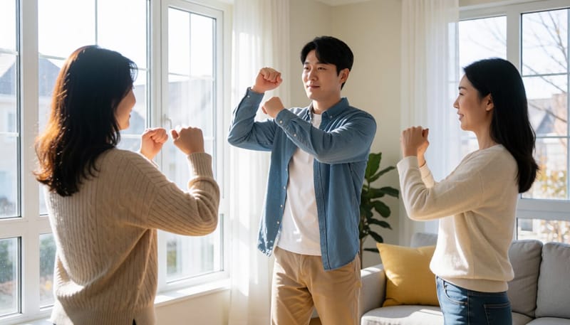실내에서 가볍게 몸을 푸는 모습