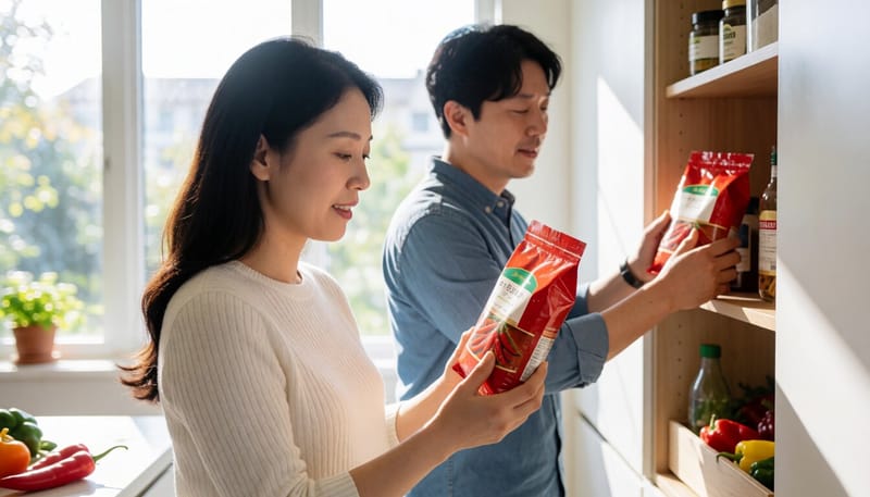 집에서 고춧가루 제품 표시 정보를 확인하는 소비자