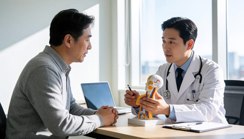 의사가 환자에게 방광 모형으로 설명하는 모습