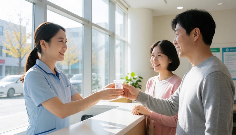 병원에서 소변검사 샘플을 전달받는 모습