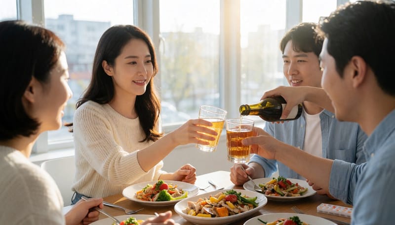 회식 자리에서 술잔을 사양하는 여성의 모습