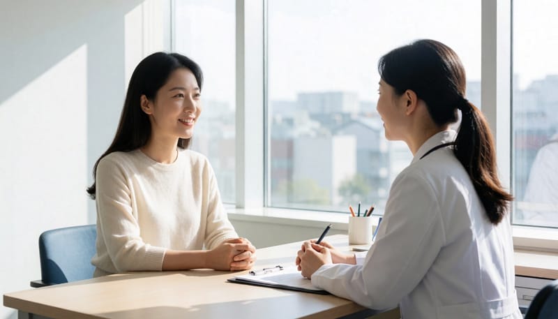 산부인과 진료실에서 의사와 상담하는 여성의 모습