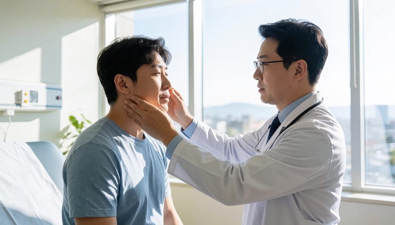 의료진이 환자의 목 경직 여부를 확인하는 신체검진 장면