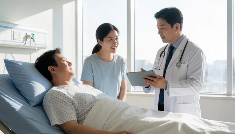병원에서 의료진이 환자에게 뇌수막염 검사 과정을 설명하는 모습