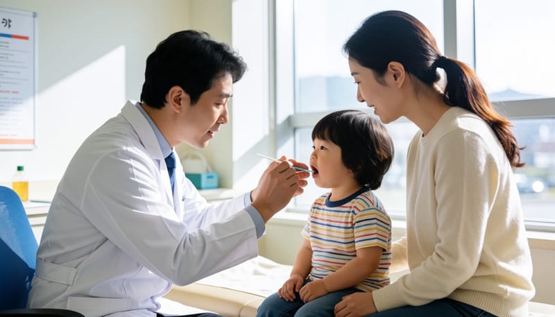 소아과에서 목 상태를 진찰받는 아이