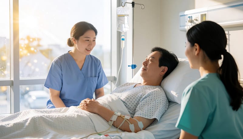 병원에서 수액 치료를 받고 있는 환자의 모습