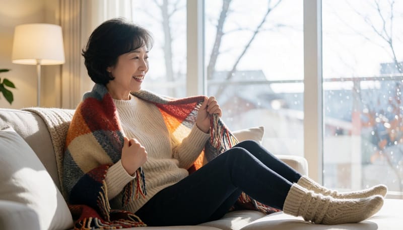 따뜻한 양말과 담요로 몸을 보온하는 여성