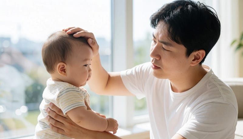 아기의 대천문 부위를 조심스럽게 살펴보는 보호자