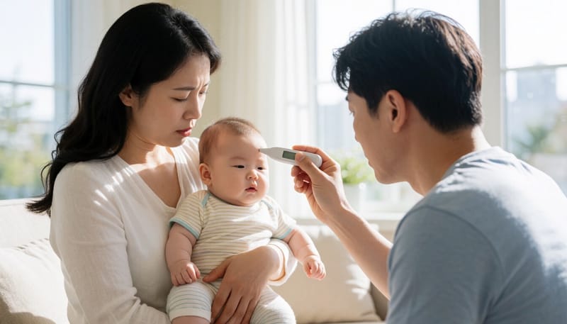 열이 오른 아기를 안고 체온을 확인하는 보호자