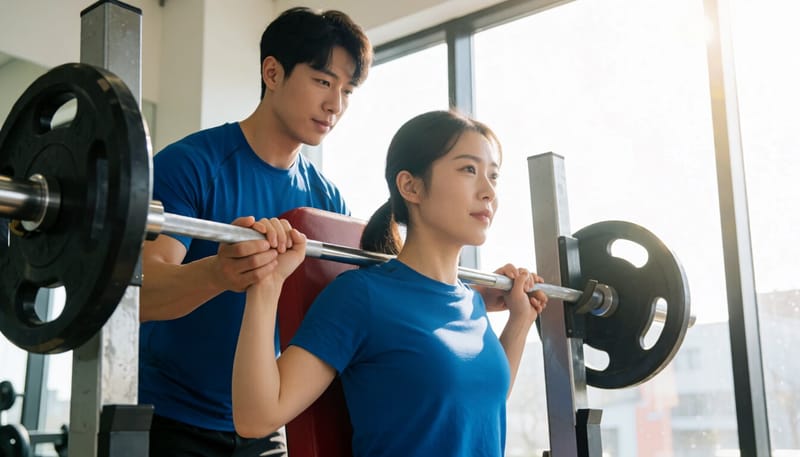 보조자가 벤치프레스 초보자를 돕는 모습