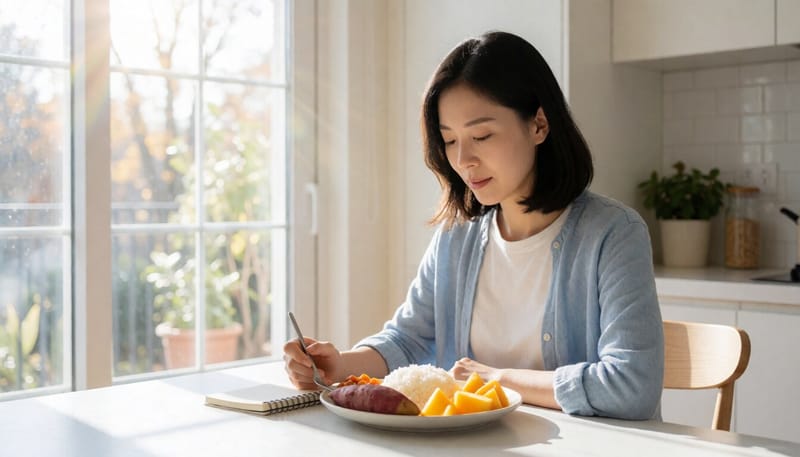건강한 탄수화물 식사를 준비하며 고민하는 모습