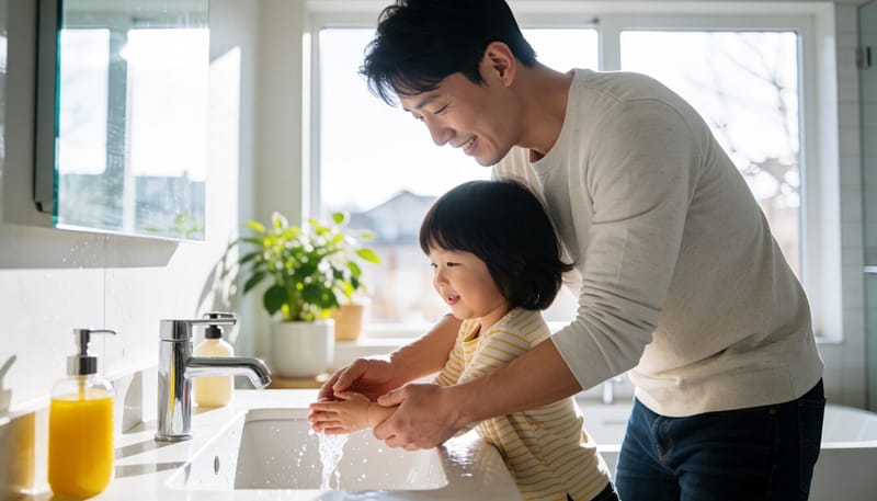 아빠와 아이가 함께 손을 씻는 모습