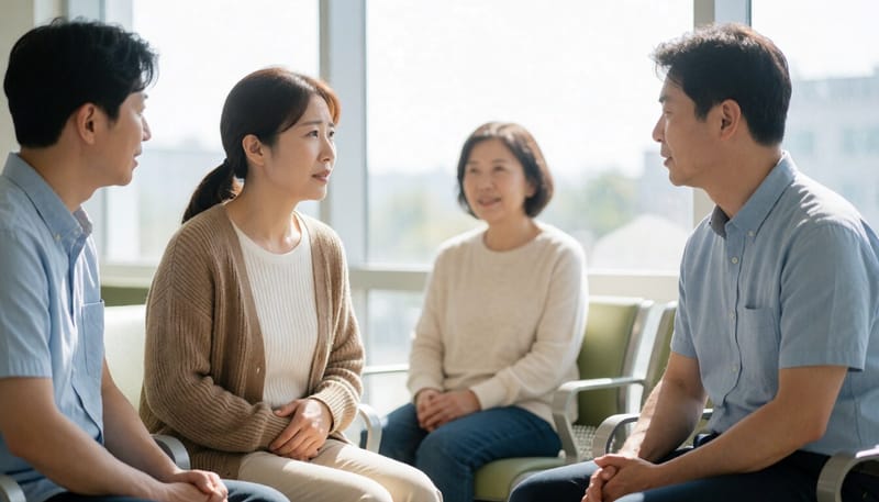 병원 대기실에서 아랫배를 감싸며 통증을 참는 여성의 모습