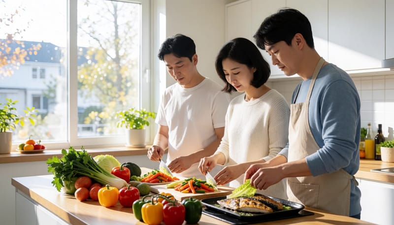 저염식 채소와 생선 반찬을 준비하는 모습