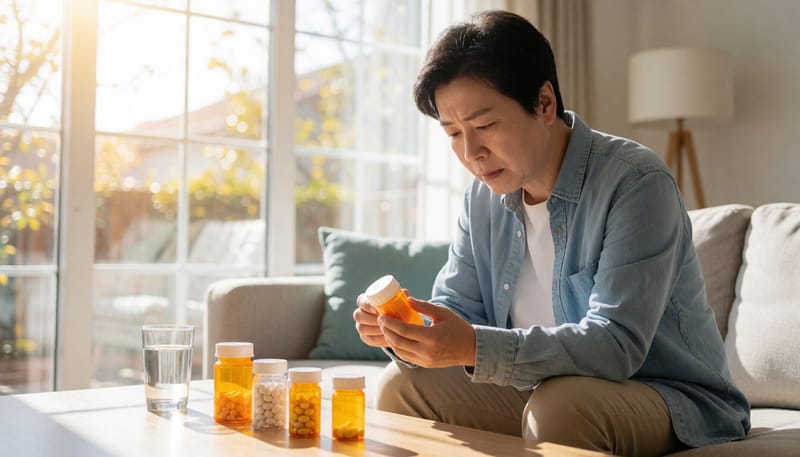 복용 중인 약을 살펴보는 중년 여성의 모습
