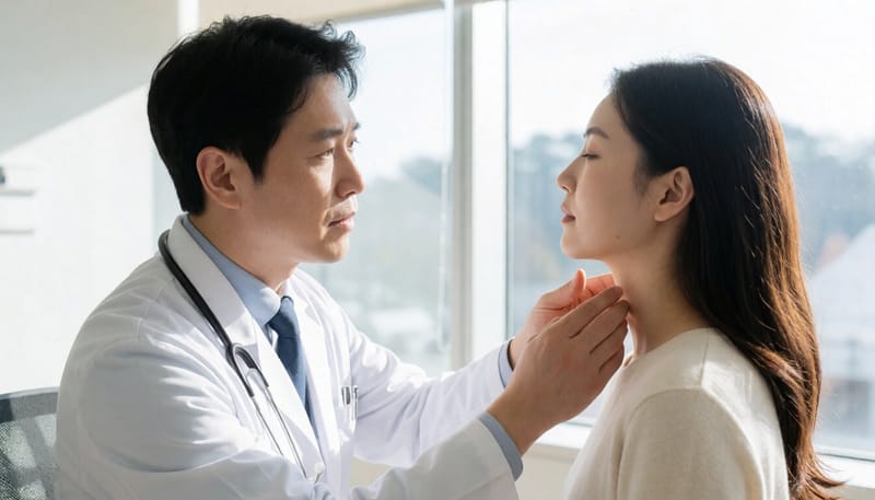 피부과에서 목 부위를 진찰받는 모습