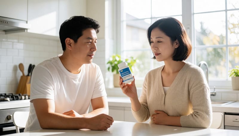 유산균 제품을 들고 복부 불편감을 느끼는 모습