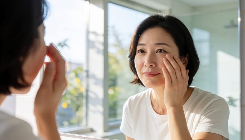 눈 아래를 손으로 짚어보는 여성의 모습