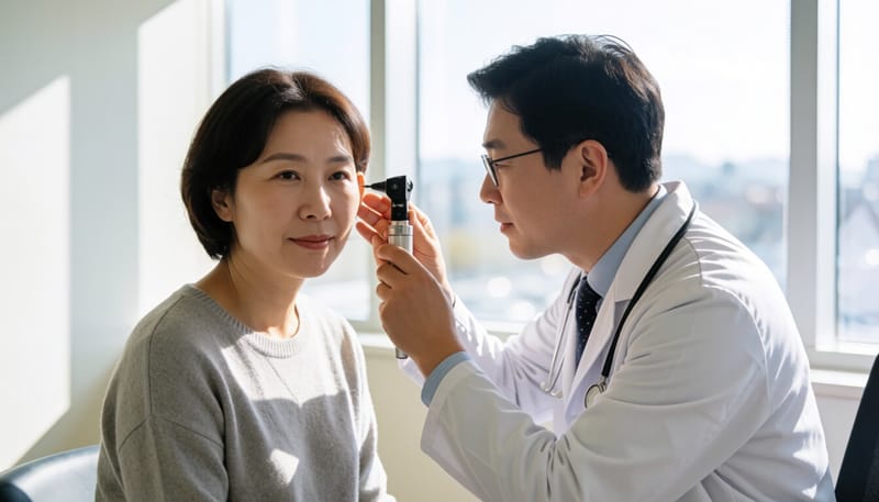 의사가 환자의 귀를 검진하는 모습
