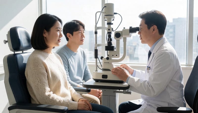 이비인후과에서 청력 및 균형 검사를 받는 모습