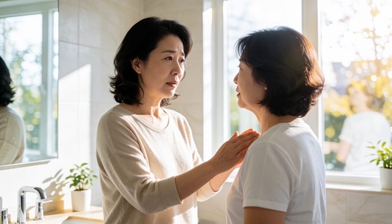 화장실에서 복부 통증을 느끼며 서 있는 여성