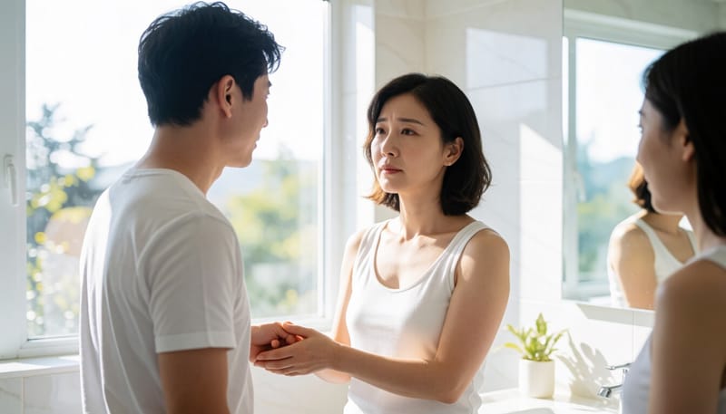 화장실에서 복부를 만지며 걱정스러운 표정을 짓는 여성