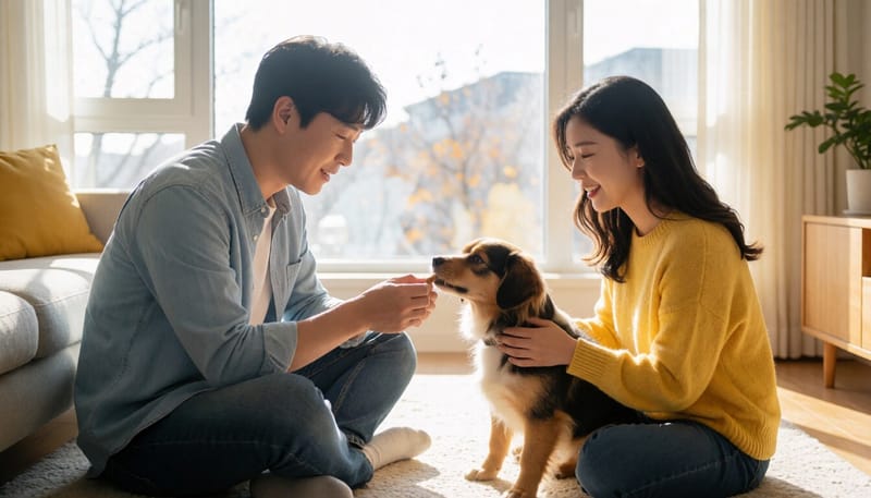 긍정 강화 방식으로 반려견을 훈련하는 보호자