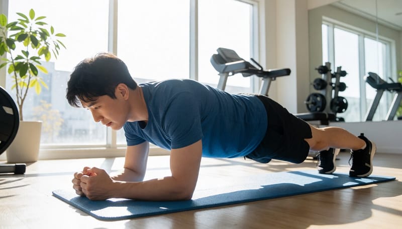 플랭크 자세에서 팔꿈치와 어깨 위치를 맞추는 모습
