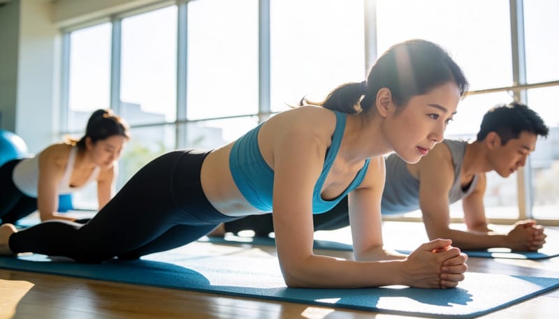 무릎을 댄 플랭크로 자세를 연습하는 모습