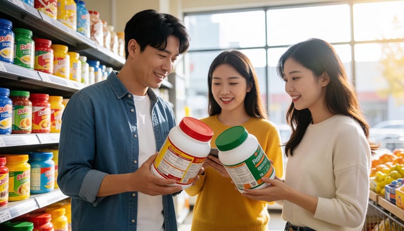 매장에서 프로틴파우더 제품의 영양성분표를 비교하는 모습