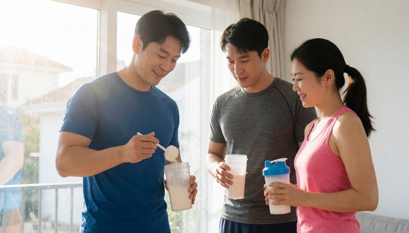 운동 후 집에서 프로틴파우더를 셰이커에 담는 모습