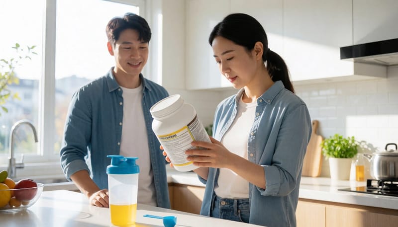 프로틴파우더 용기의 영양성분표를 확인하는 모습