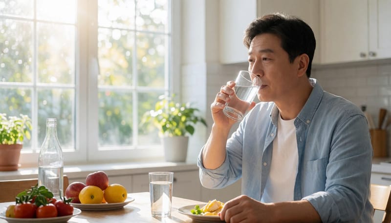 물컵을 들고 목을 만지는 모습