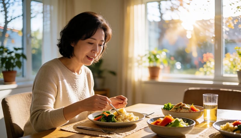 저녁 식탁에서 담백한 음식을 고르는 모습