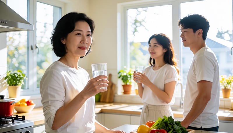 아침에 물을 마시며 목을 만지는 여성의 모습