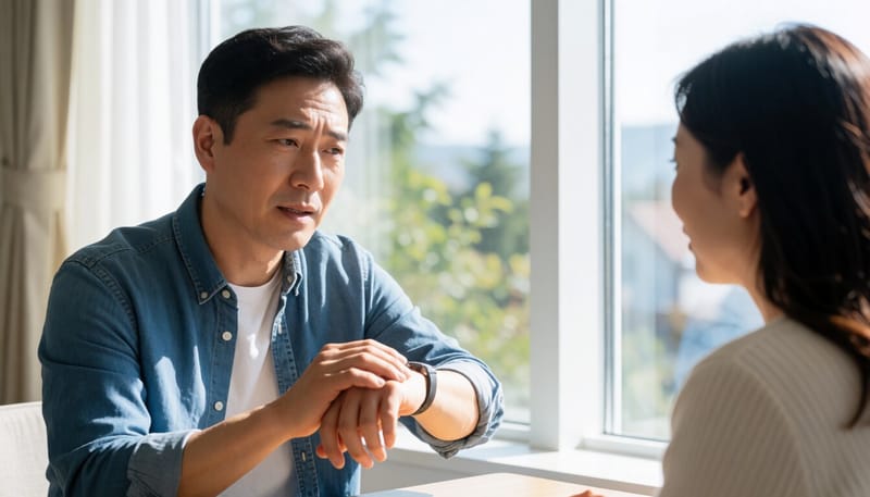 손목에서 맥박을 확인하는 남성의 모습