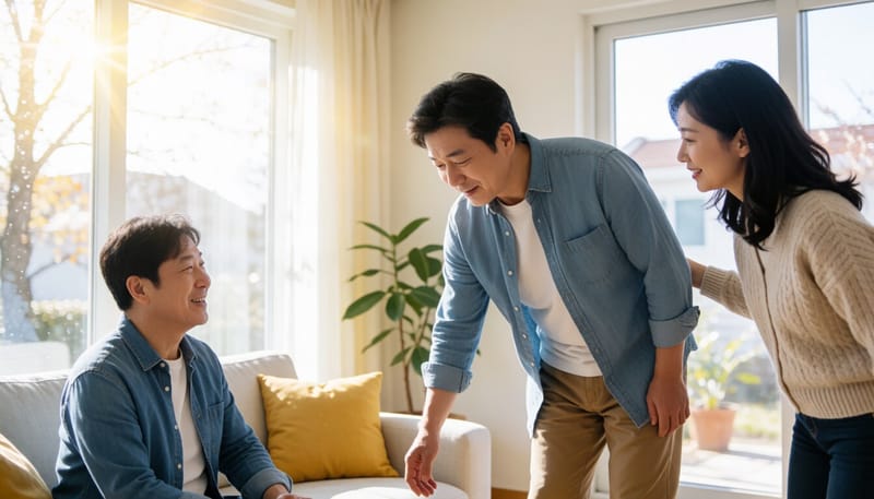 거실에서 추 운동 자세로 팔을 늘어뜨리고 있는 중년 남성