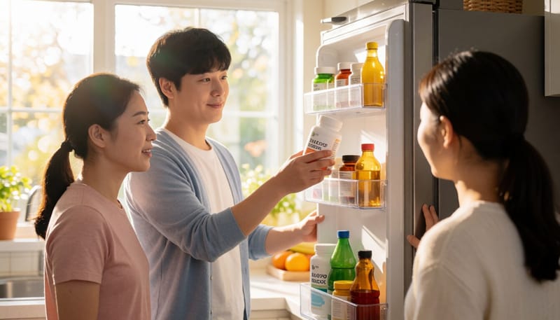 유산균 제품을 냉장고에 보관하는 모습