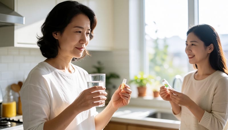 아침에 물과 유산균 제품을 들고 있는 여성