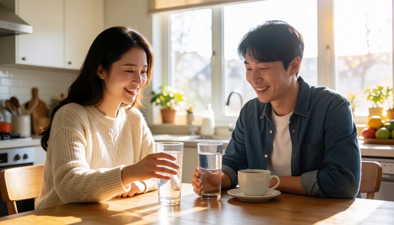 커피 대신 물을 마시며 식습관을 관리하는 여성
