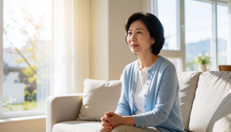 아랫배를 손으로 누르며 통증을 느끼는 여성의 모습
