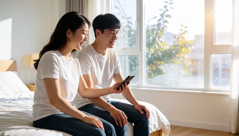 아랫배를 손으로 누르며 통증을 느끼는 여성