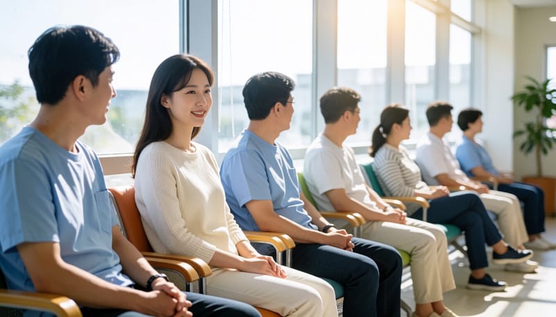 병원 대기실에서 아랫배를 손으로 감싸고 있는 여성